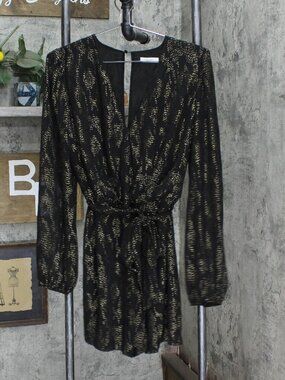 Nine West Black Nine West Long Sleeve V Neck Wrap Romper Gold See